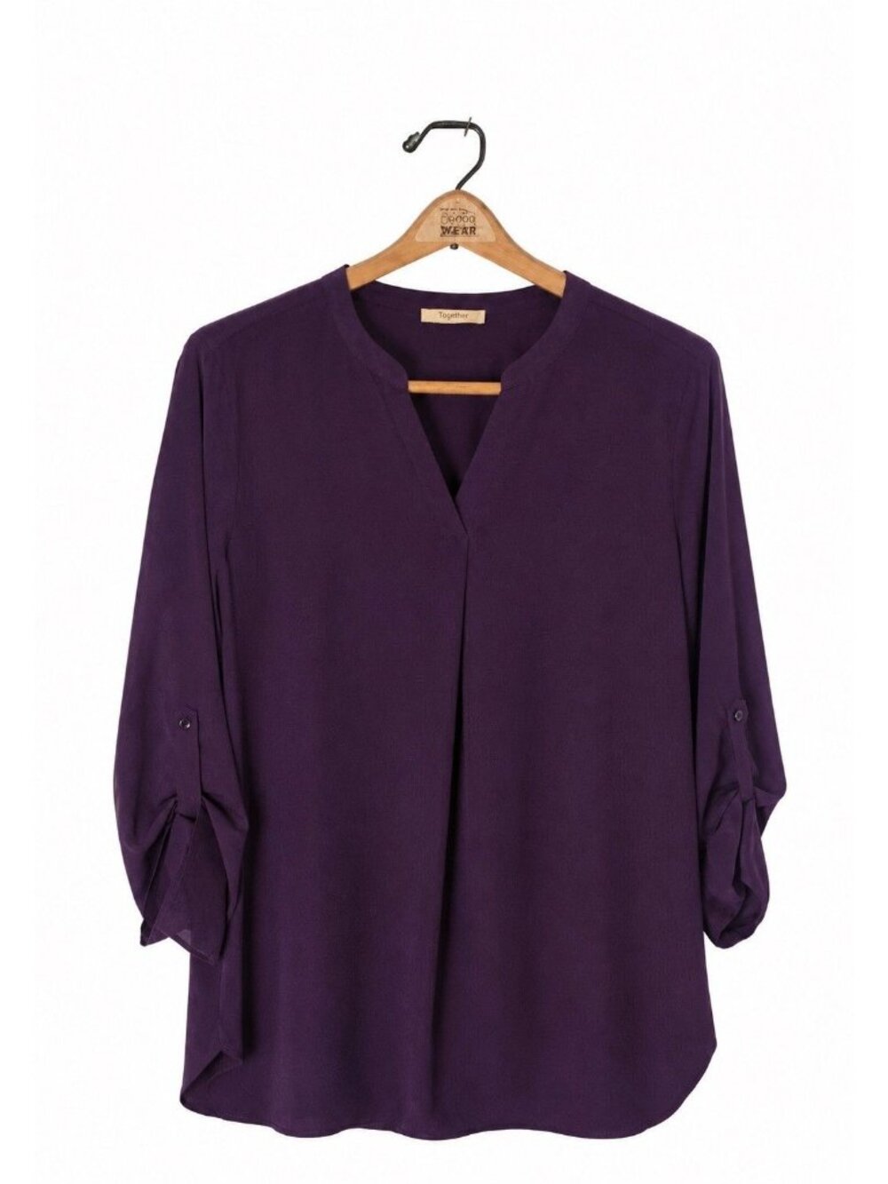 V-Neck Plum Blouse With 3/4 Roll-Tab Sleeves